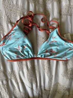 Patagonia Blue Marble Print Triangle Bikini Top with Rust Trim